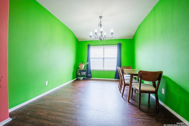 10715 Palomino, San Antonio, TX 78254 - dining room with a chandelier, wood finished floors, baseboards, and vaulted ceiling