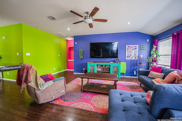 10715 Palomino, San Antonio, TX 78254 - living room featuring wood finished floors, ceiling fan, baseboards, lofted ceiling, and recessed lighting