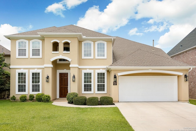 3011 Hanfro Way, San Antonio, TX 78251 - view of front of house with a garage, driveway, a front yard, stucco siding, and roof with shingles