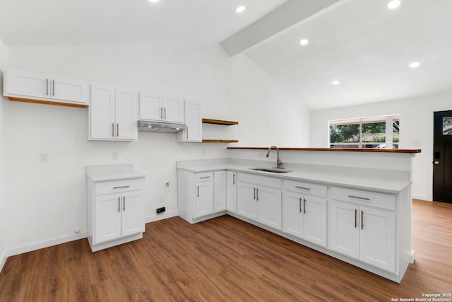 10707 Musket, San Antonio, TX 78224 - kitchen with a peninsula, a sink, wood finished floors, white cabinets, and recessed lighting