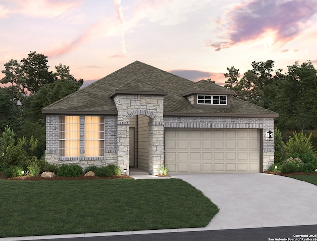 1406 Lockett Fls, San Antonio, TX 78245 - french country home featuring stone siding, driveway, a front lawn, a shingled roof, and an attached garage