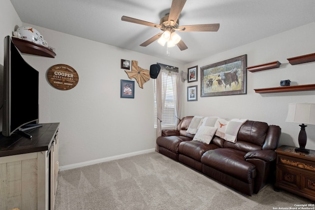 6038 Ballast Trl, New Braunfels, TX 78132 - living room with ceiling fan, carpet, and baseboards