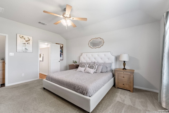 6038 Ballast Trl, New Braunfels, TX 78132 - bedroom with carpet, baseboards, vaulted ceiling, and a ceiling fan