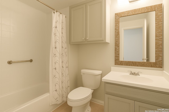 2300 Nacogdoches Unit 210C, San Antonio, TX 78209 - bathroom featuring toilet, vanity, shower / tub combo with curtain, and tile patterned floors