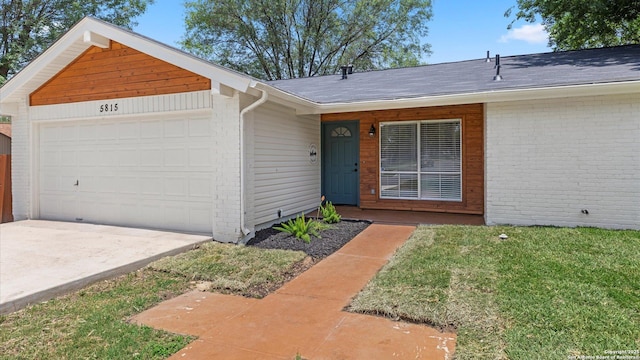 5815 Freemans Farm St, San Antonio, TX 78233 - ranch-style home featuring brick siding, a garage, roof with shingles, and driveway