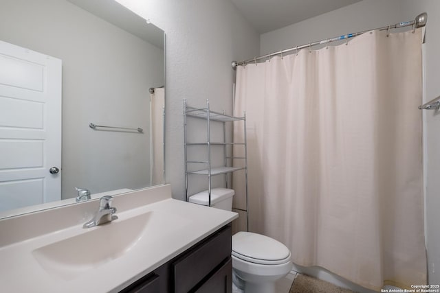 7731 Chatham, San Antonio, TX 78218 - bathroom with toilet, vanity, and curtained shower