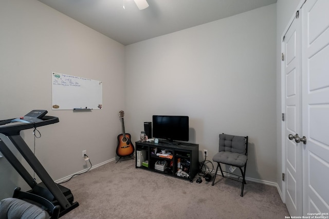 7731 Chatham, San Antonio, TX 78218 - exercise area featuring carpet flooring, baseboards, and a ceiling fan