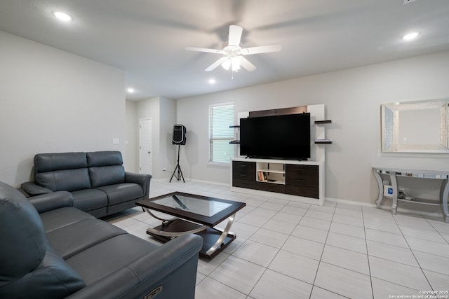 7731 Chatham, San Antonio, TX 78218 - living room with a ceiling fan, light tile patterned floors, recessed lighting, and baseboards