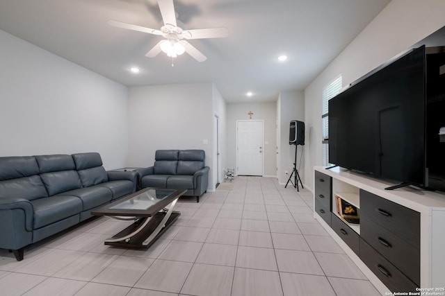 7731 Chatham, San Antonio, TX 78218 - living room featuring a ceiling fan, recessed lighting, and light tile patterned flooring