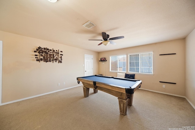15206 Redbird Mnr, San Antonio, TX 78253 - game room featuring carpet floors, billiards, ceiling fan, and baseboards