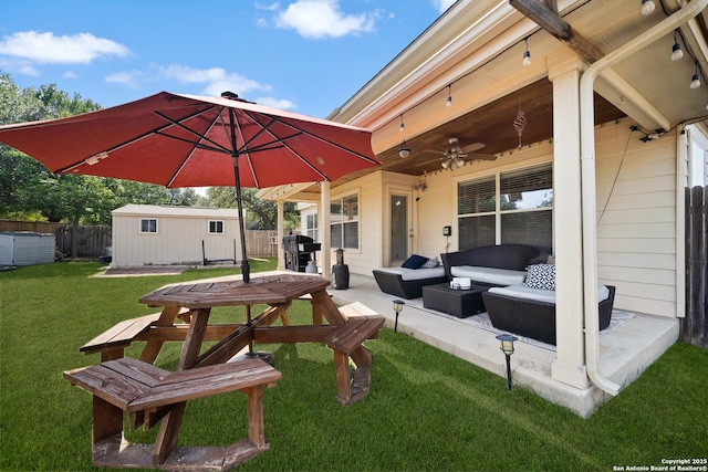 15206 Redbird Mnr, San Antonio, TX 78253 - view of patio with an outdoor hangout area, an outbuilding, a ceiling fan, and area for grilling