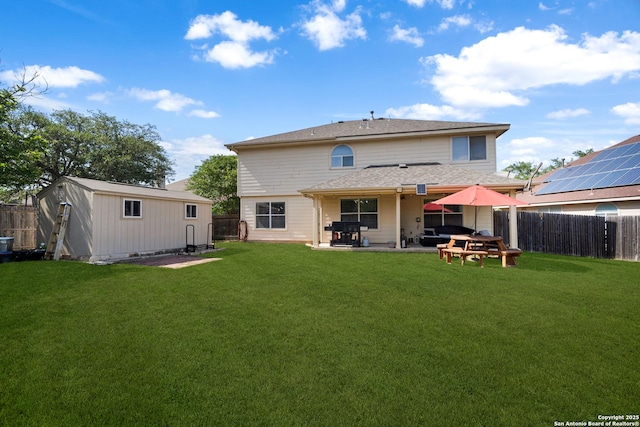 15206 Redbird Mnr, San Antonio, TX 78253 - rear view of property featuring an outbuilding, a patio, and a shed