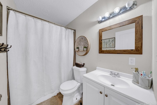 8239 Glen Lark, San Antonio, TX 78239 - bathroom featuring a textured ceiling, toilet, vanity, a shower with curtain, and tile patterned floors