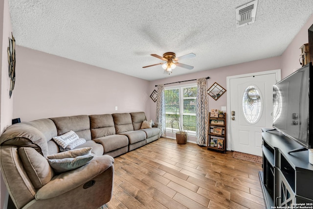 8239 Glen Lark, San Antonio, TX 78239 - living room with a ceiling fan, light wood-style flooring, and a textured ceiling