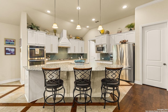 28914 Gracies Sky, San Antonio, TX 78260 - kitchen with appliances with stainless steel finishes, custom range hood, decorative backsplash, white cabinetry, and recessed lighting
