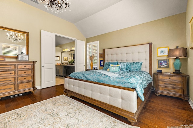 28914 Gracies Sky, San Antonio, TX 78260 - bedroom with a chandelier, dark wood finished floors, lofted ceiling, baseboards, and ensuite bath