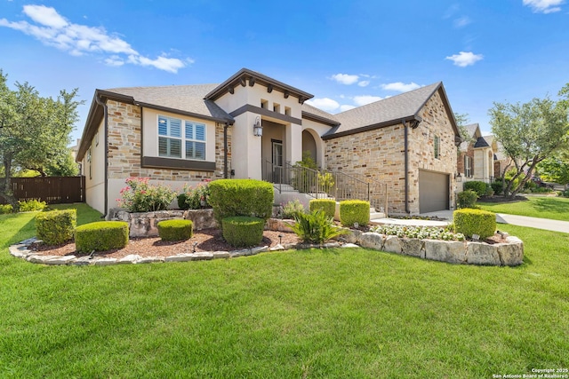 28914 Gracies Sky, San Antonio, TX 78260 - view of front facade featuring stone siding, a garage, concrete driveway, stucco siding, and a shingled roof