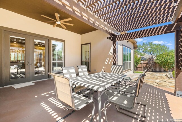 28914 Gracies Sky, San Antonio, TX 78260 - view of patio featuring french doors, fence, a pergola, outdoor dining area, and ceiling fan