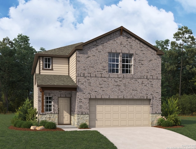 13726 Birch Xing, San Antonio, TX 78252 - view of front of property with an attached garage, driveway, a front lawn, a shingled roof, and stone siding