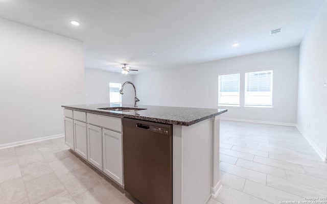 6726 Velma Path, San Antonio, TX 78253 - kitchen featuring dishwasher, a sink, a center island with sink, white cabinets, and ceiling fan