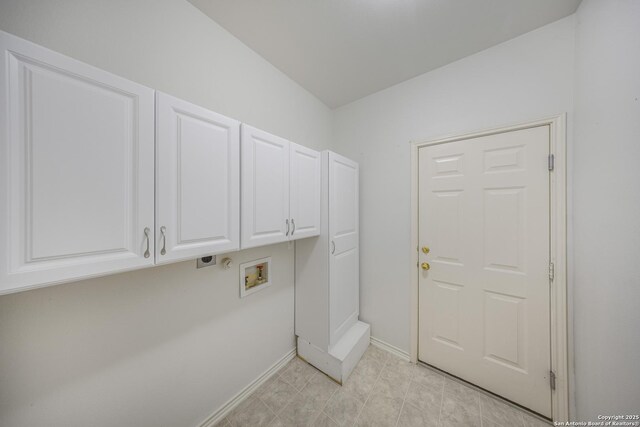 4726 Shavano Bark, San Antonio, TX 78230 - laundry room with electric dryer hookup, cabinet space, washer hookup, and baseboards