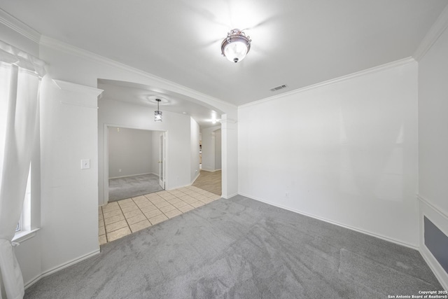 4726 Shavano Bark, San Antonio, TX 78230 - empty room with carpet floors, decorative columns, tile patterned flooring, ornamental molding, and baseboards