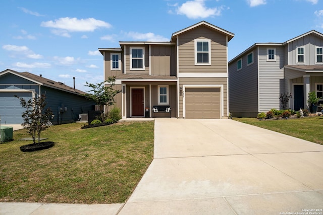 9827 Western Sedge, San Antonio, TX 78254 - traditional home with a front lawn, driveway, a garage, and central AC unit