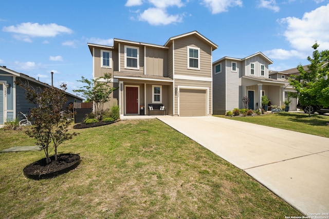 9827 Western Sedge, San Antonio, TX 78254 - traditional-style home featuring driveway, an attached garage, board and batten siding, and a front yard