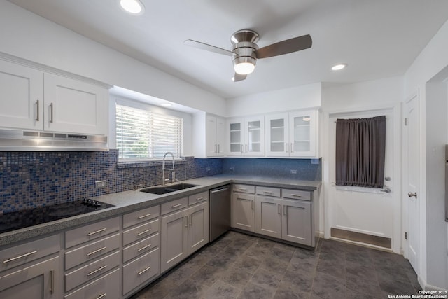 226 Carolwood Dr, Castle Hills, TX 78213 - kitchen featuring under cabinet range hood, dishwasher, a sink, black electric cooktop, and ceiling fan
