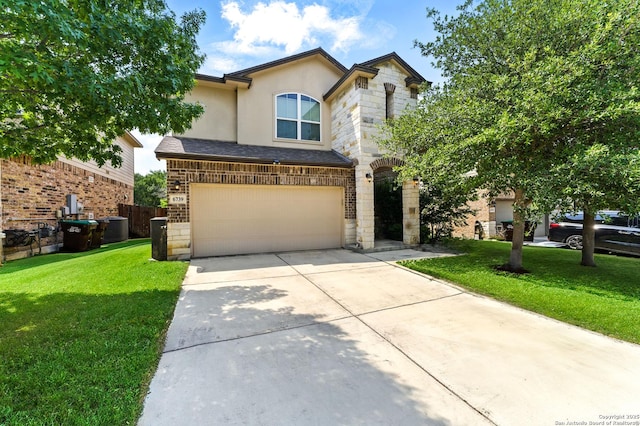 6739 Indian, San Antonio, TX 78253 - view of front of house with an attached garage, stone siding, and driveway