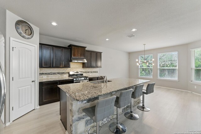 6739 Indian, San Antonio, TX 78253 - kitchen with stainless steel gas range, light wood-style flooring, a sink, light stone countertops, and decorative backsplash
