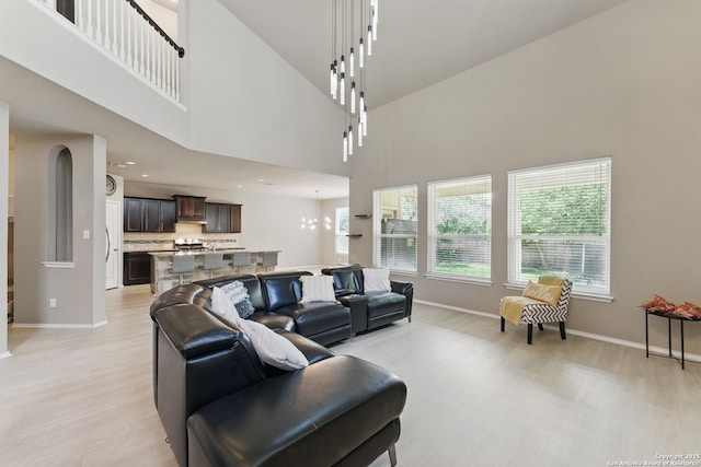 6739 Indian, San Antonio, TX 78253 - living room with light wood finished floors, baseboards, and a towering ceiling
