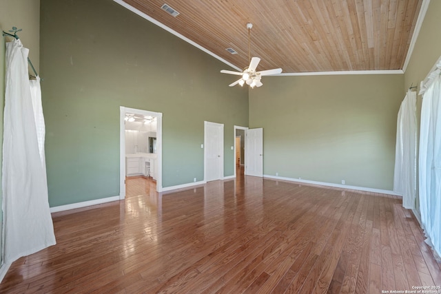 388 Oak, Pipe Creek, TX 78063 - unfurnished room featuring crown molding, a ceiling fan, high vaulted ceiling, wood finished floors, and wooden ceiling