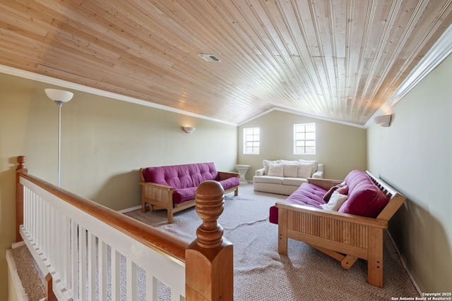 388 Oak, Pipe Creek, TX 78063 - carpeted living area featuring wooden ceiling, ornamental molding, and lofted ceiling
