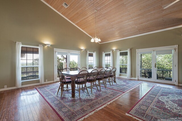 388 Oak, Pipe Creek, TX 78063 - dining area with a chandelier, ornamental molding, wood ceiling, high vaulted ceiling, and baseboards