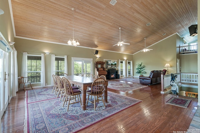 388 Oak, Pipe Creek, TX 78063 - dining area with ornamental molding, french doors, high vaulted ceiling, hardwood / wood-style flooring, and wood ceiling