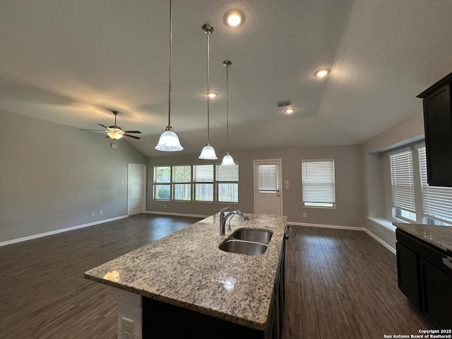 1116 Eagle, Seguin, TX 78155 - kitchen featuring a sink, ceiling fan, baseboards, dark wood-type flooring, and lofted ceiling