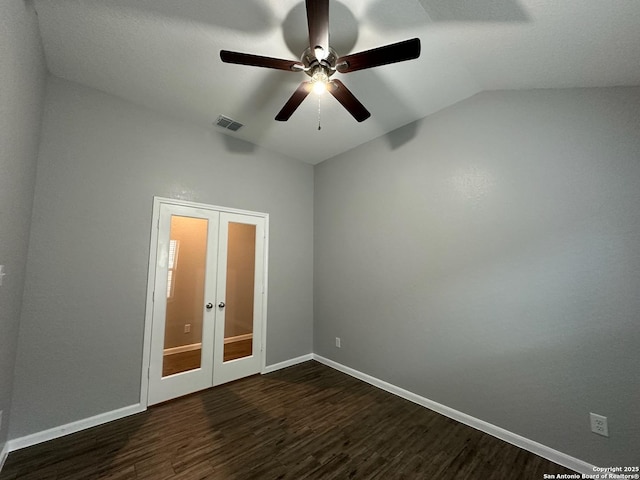 1116 Eagle, Seguin, TX 78155 - empty room with french doors, vaulted ceiling, dark wood-style floors, ceiling fan, and baseboards