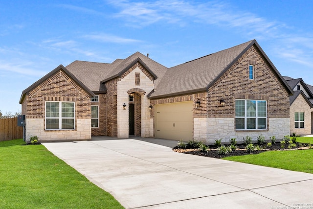 207 Azalea Aly, Castroville, TX 78009 - french provincial home with stone siding, a garage, concrete driveway, brick siding, and roof with shingles
