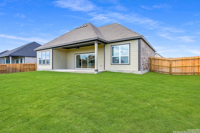 207 Azalea Aly, Castroville, TX 78009 - rear view of property featuring ceiling fan, a patio, and roof with shingles