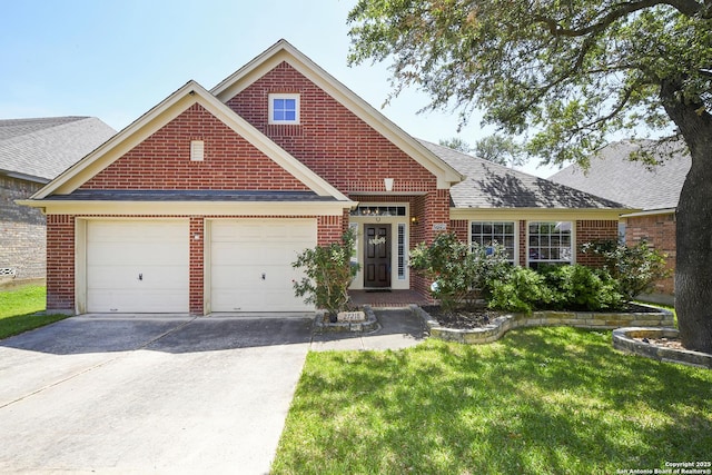 27218 Spiral Cyn, San Antonio, TX 78261 - traditional home featuring concrete driveway, brick siding, an attached garage, a front lawn, and roof with shingles