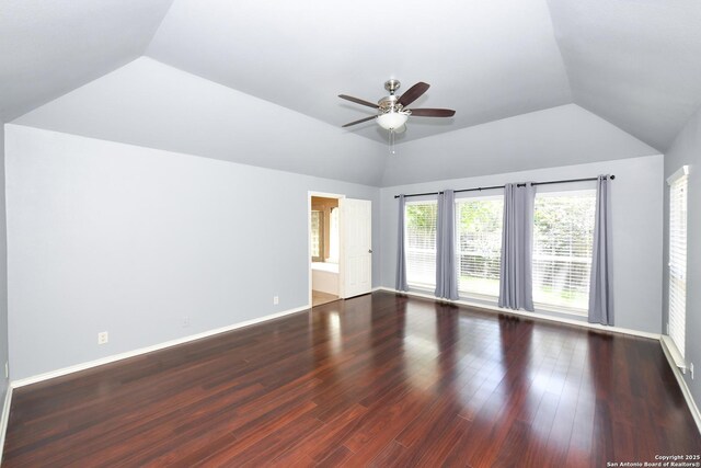 27218 Spiral Cyn, San Antonio, TX 78261 - unfurnished room with ceiling fan, lofted ceiling, wood finished floors, and baseboards