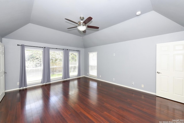 27218 Spiral Cyn, San Antonio, TX 78261 - empty room with a ceiling fan, vaulted ceiling, baseboards, wood finished floors, and a smoke detector