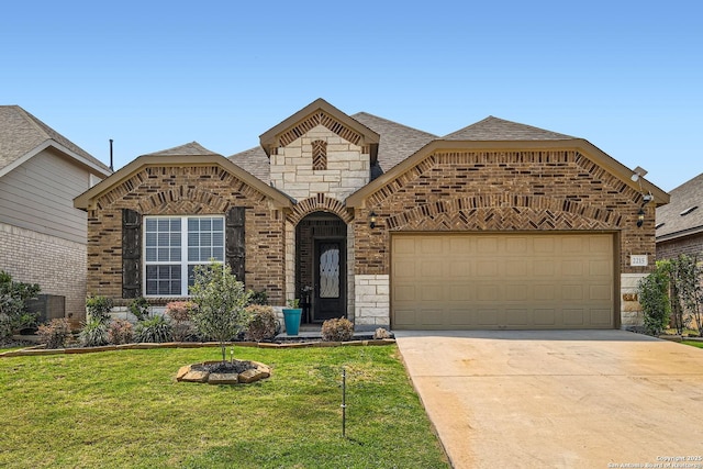 2215 Zachry, New Braunfels, TX 78132 - french country inspired facade featuring brick siding, an attached garage, driveway, a front lawn, and stone siding