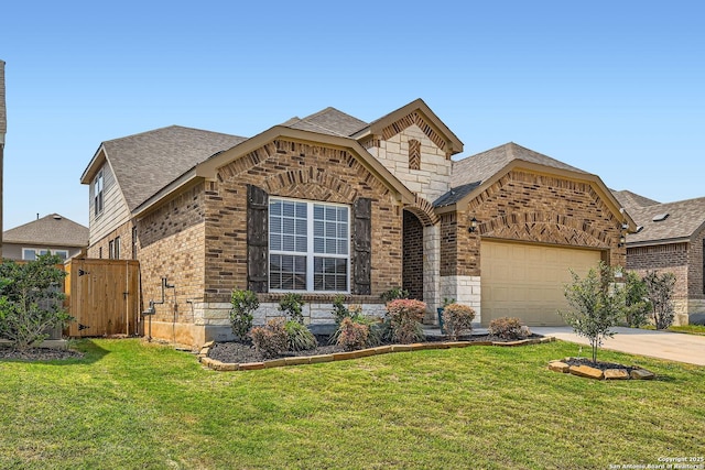 2215 Zachry, New Braunfels, TX 78132 - view of front of property featuring brick siding, a garage, driveway, and stone siding