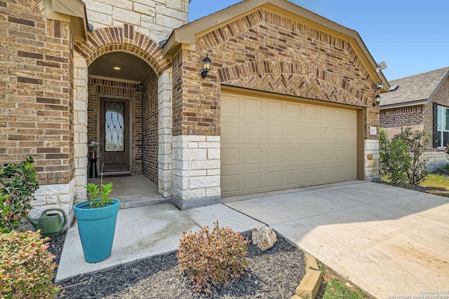 2215 Zachry, New Braunfels, TX 78132 - doorway to property featuring brick siding, an attached garage, and stone siding