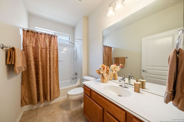 12518 Cascade Hls, San Antonio, TX 78253 - full bathroom featuring toilet, vanity, tile patterned flooring, and shower / bathtub combination with curtain