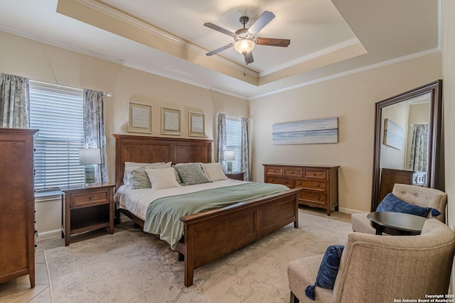1459 Janets, New Braunfels, TX 78130 - bedroom with a tray ceiling, multiple windows, crown molding, a ceiling fan, and baseboards