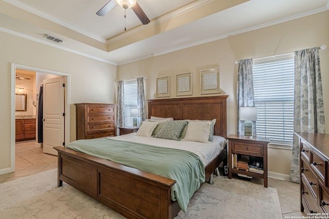 1459 Janets, New Braunfels, TX 78130 - bedroom featuring light tile patterned flooring, crown molding, a tray ceiling, baseboards, and ceiling fan