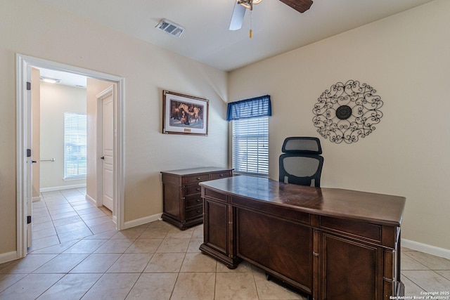 1459 Janets, New Braunfels, TX 78130 - office area featuring ceiling fan, light tile patterned floors, and baseboards